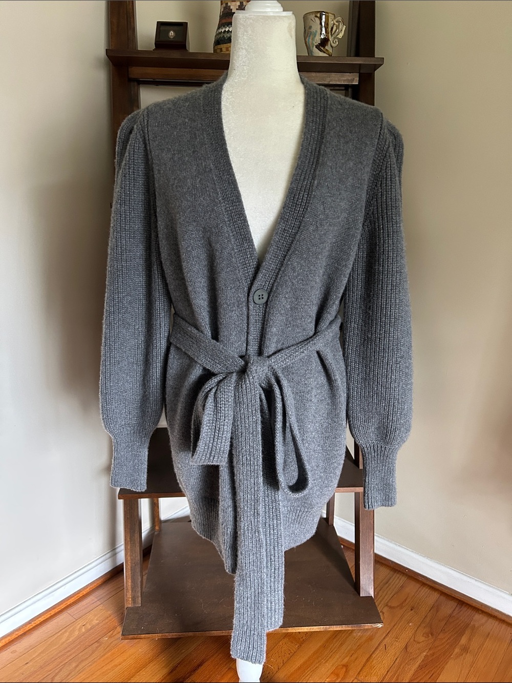 Sa Su Phi Charcoal Ribbed Belted V-Neck Cardigan Sweater